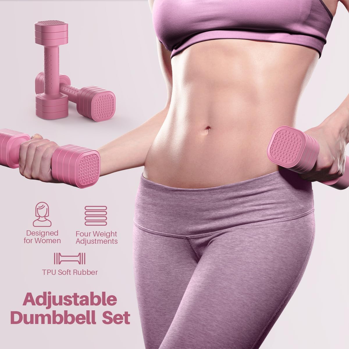 Adjustable Dumbbell Set of 2, 4 in 1 Free Weights Dumbbells Set for Women, Hand Weights for Women at Home, Each 2Lb 3Lb 4Lb 5Lb with TPU Soft Rubber Handle for Home Gym Exercise Training