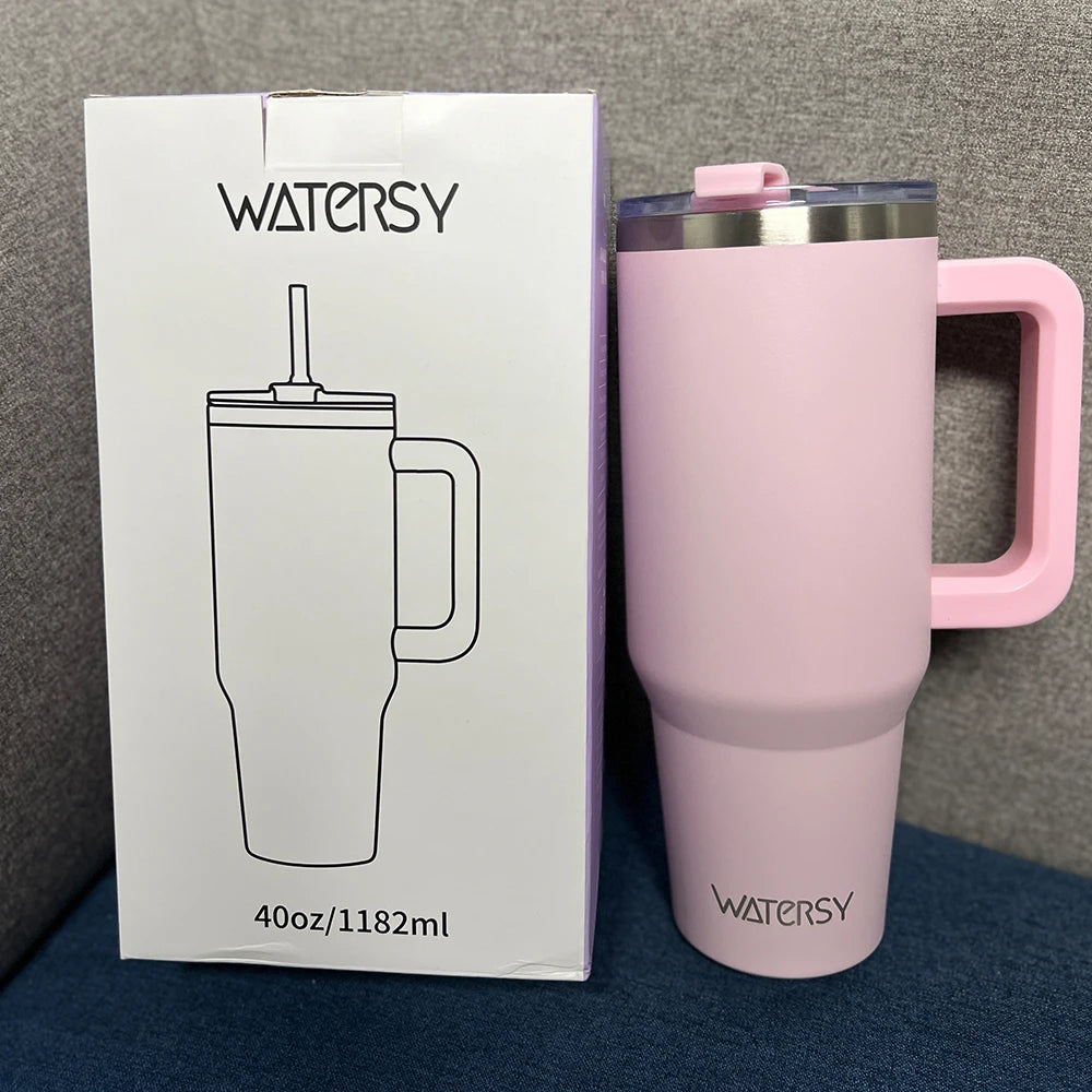 40oz Stainless Steel Insulated Tumbler with Handle & Straw – Large Capacity Thermal Mug for Home, Office & Travel