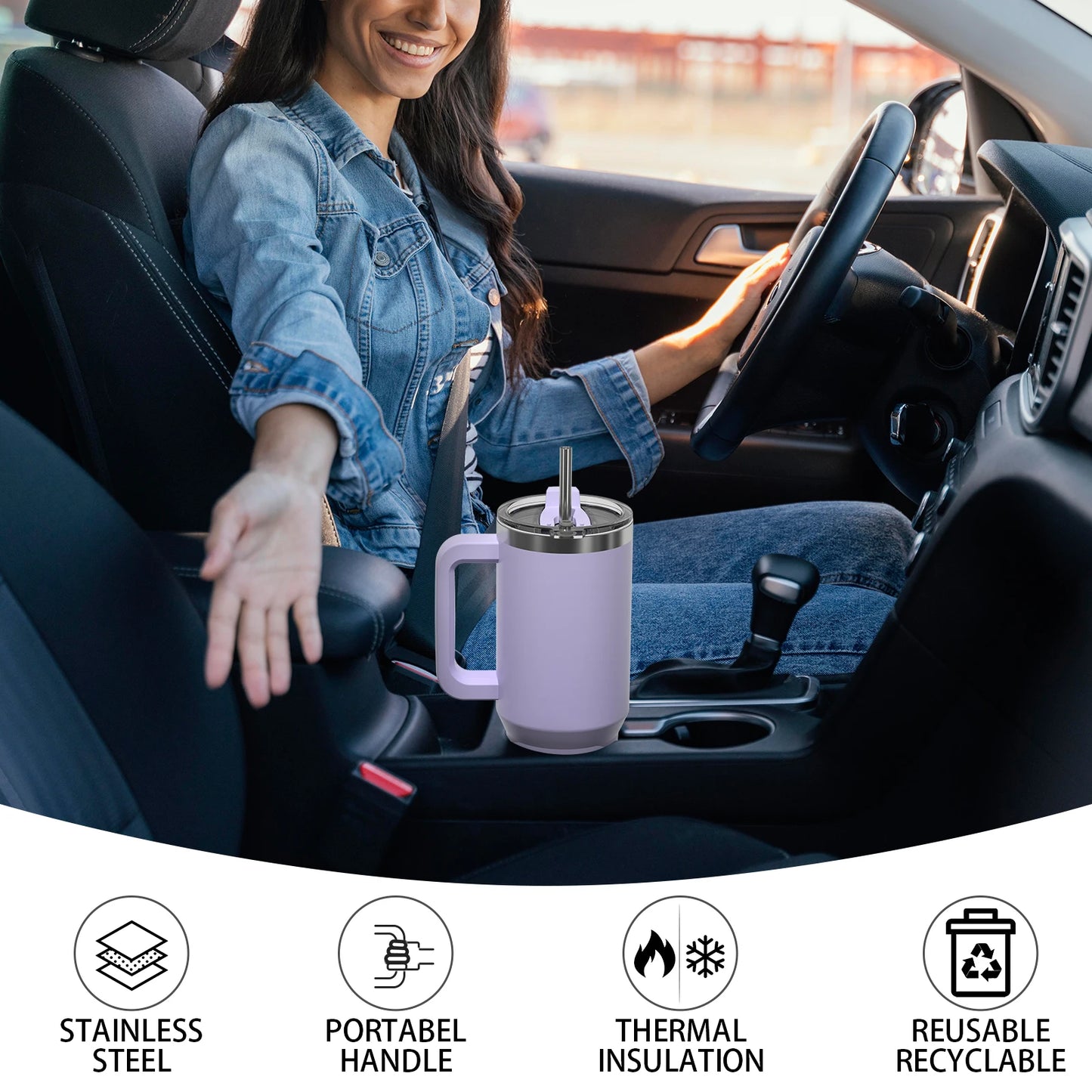 40oz Stainless Steel Insulated Tumbler with Handle & Straw – Large Capacity Thermal Mug for Home, Office & Travel