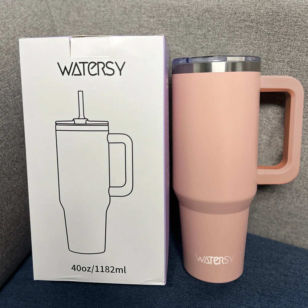 40oz Stainless Steel Insulated Tumbler with Handle & Straw – Large Capacity Thermal Mug for Home, Office & Travel