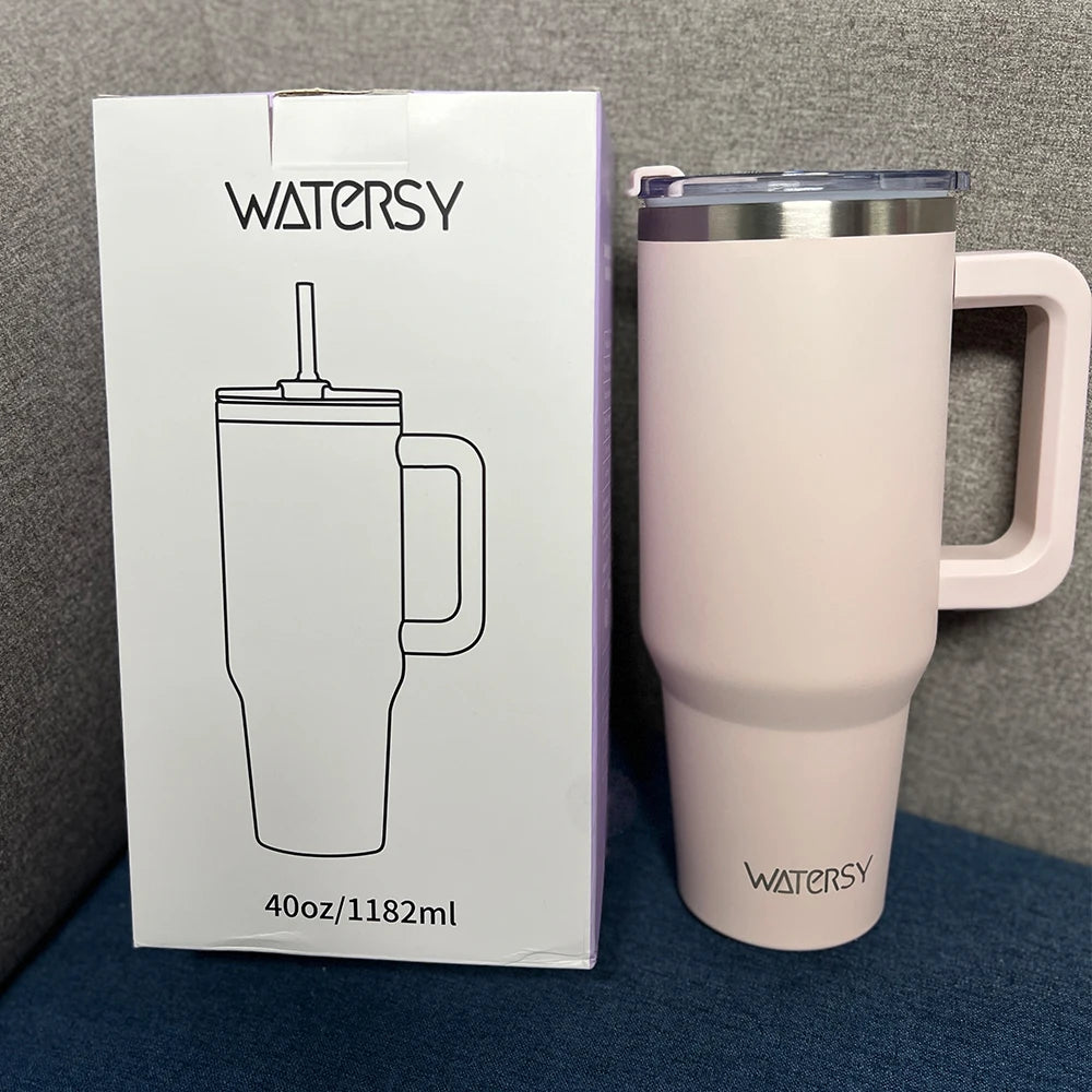 40oz Stainless Steel Insulated Tumbler with Handle & Straw – Large Capacity Thermal Mug for Home, Office & Travel