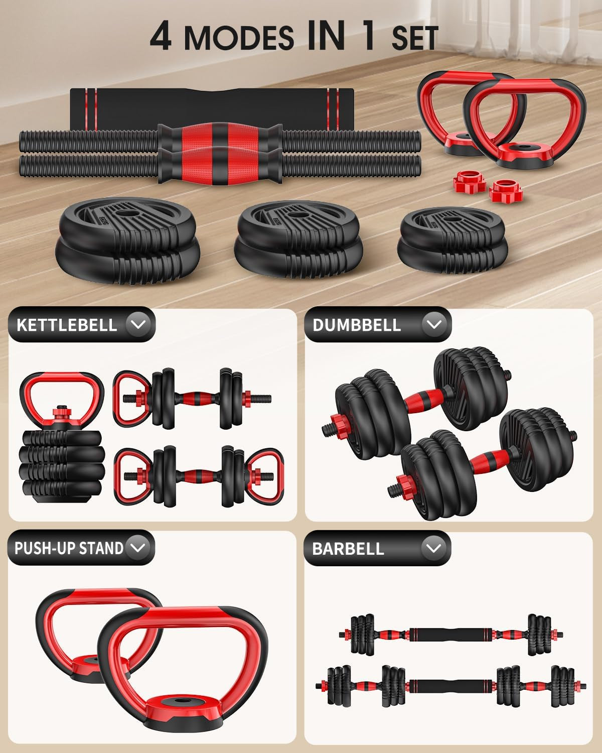 Adjustable Dumbbell Set 4-in-1 – 10 to 90 lbs Free Weights with Connector | Converts to Barbell, Kettlebell & Push-Up Stand | Home Gym Equipment for Men & Women