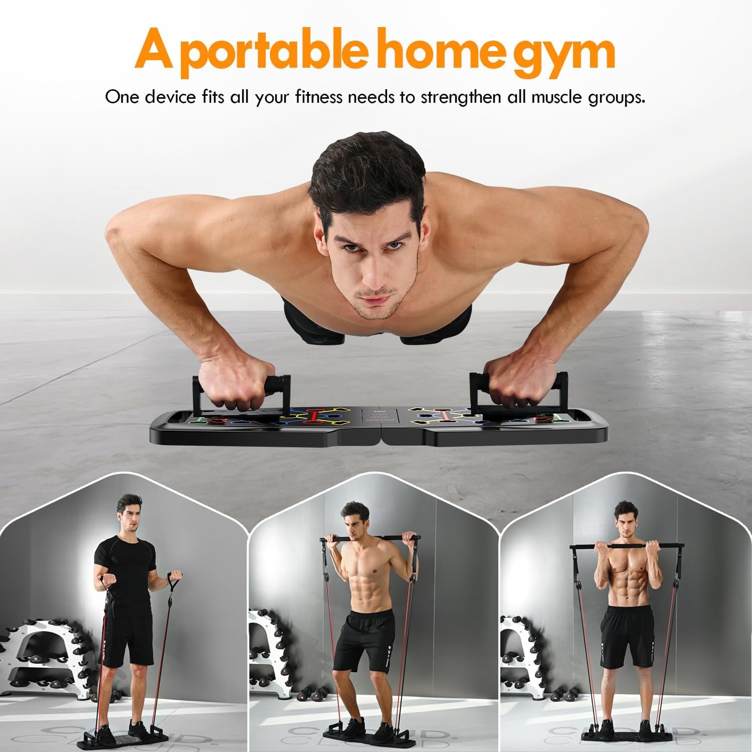 Push-Up Board Home Gym – Portable Exercise Equipment with Pilates Bar, Resistance Bands, Ab Roller & 20 Fitness Accessories for Full Body Workouts at Home.