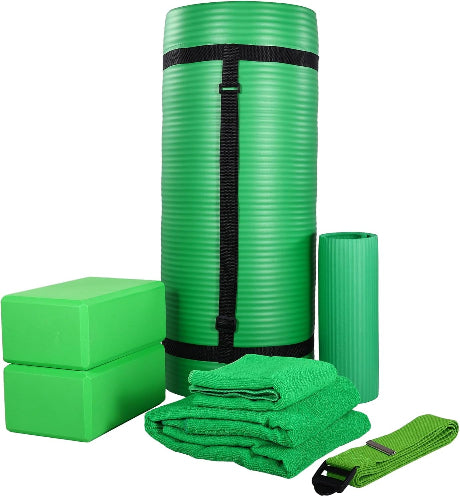 Fitness 7-Piece Home Gym Yoga Set with 1-Inch Thick Yoga Mat, 2 Yoga Blocks, Mat Towel, Hand Towel, Stretch Strap & Knee Pad, Blue