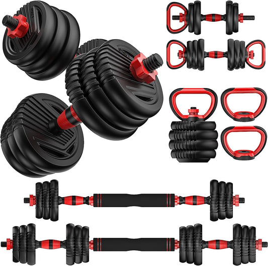 Adjustable Dumbbell Set 4-in-1 – 10 to 90 lbs Free Weights with Connector | Converts to Barbell, Kettlebell & Push-Up Stand | Home Gym Equipment for Men & Women