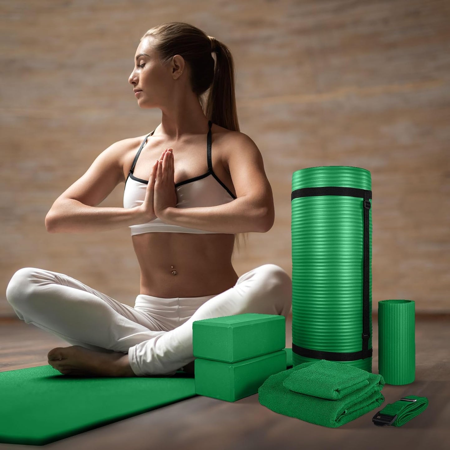 Fitness 7-Piece Home Gym Yoga Set with 1-Inch Thick Yoga Mat, 2 Yoga Blocks, Mat Towel, Hand Towel, Stretch Strap & Knee Pad, Blue