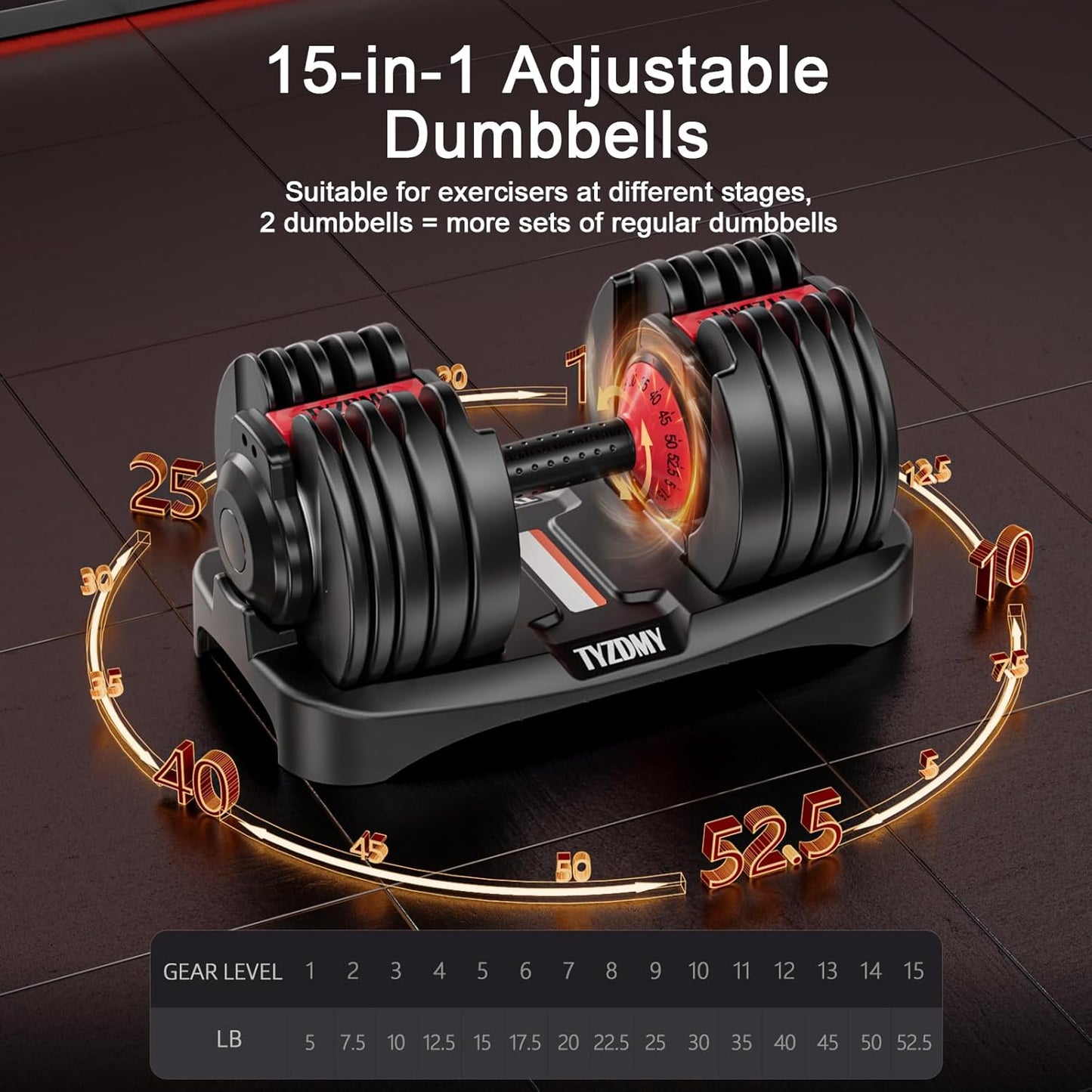 Adjustable Dumbbell Set of 2 – 105 lbs Total (52.5 lbs Each), 15-in-1 Free Weights for Men & Women, Home Gym Strength Training Equipment