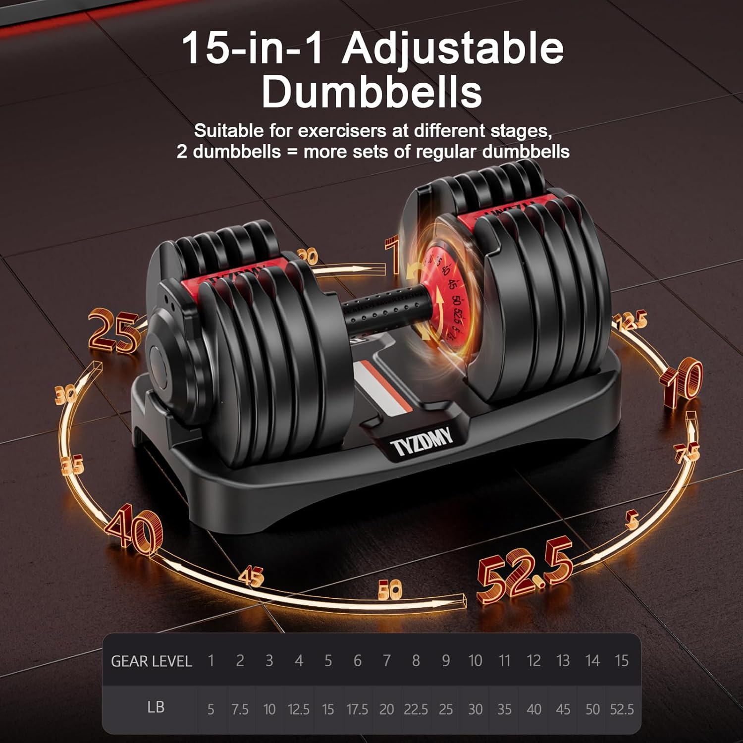 Adjustable Dumbbell Set of 2 – 105 lbs Total (52.5 lbs Each), 15-in-1 Free Weights for Men & Women, Home Gym Strength Training Equipment