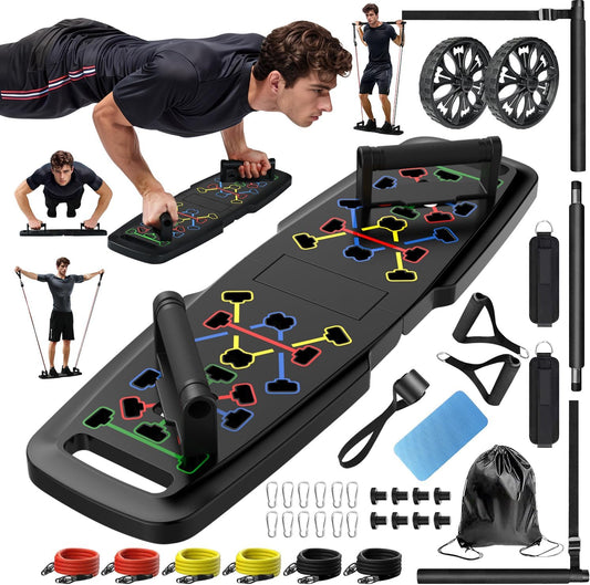 Push-Up Board Home Gym – Portable Exercise Equipment with Pilates Bar, Resistance Bands, Ab Roller & 20 Fitness Accessories for Full Body Workouts at Home.