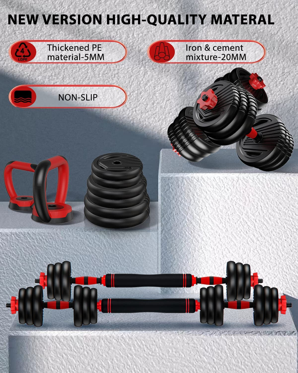 Adjustable Dumbbell Set 4-in-1 – 10 to 90 lbs Free Weights with Connector | Converts to Barbell, Kettlebell & Push-Up Stand | Home Gym Equipment for Men & Women